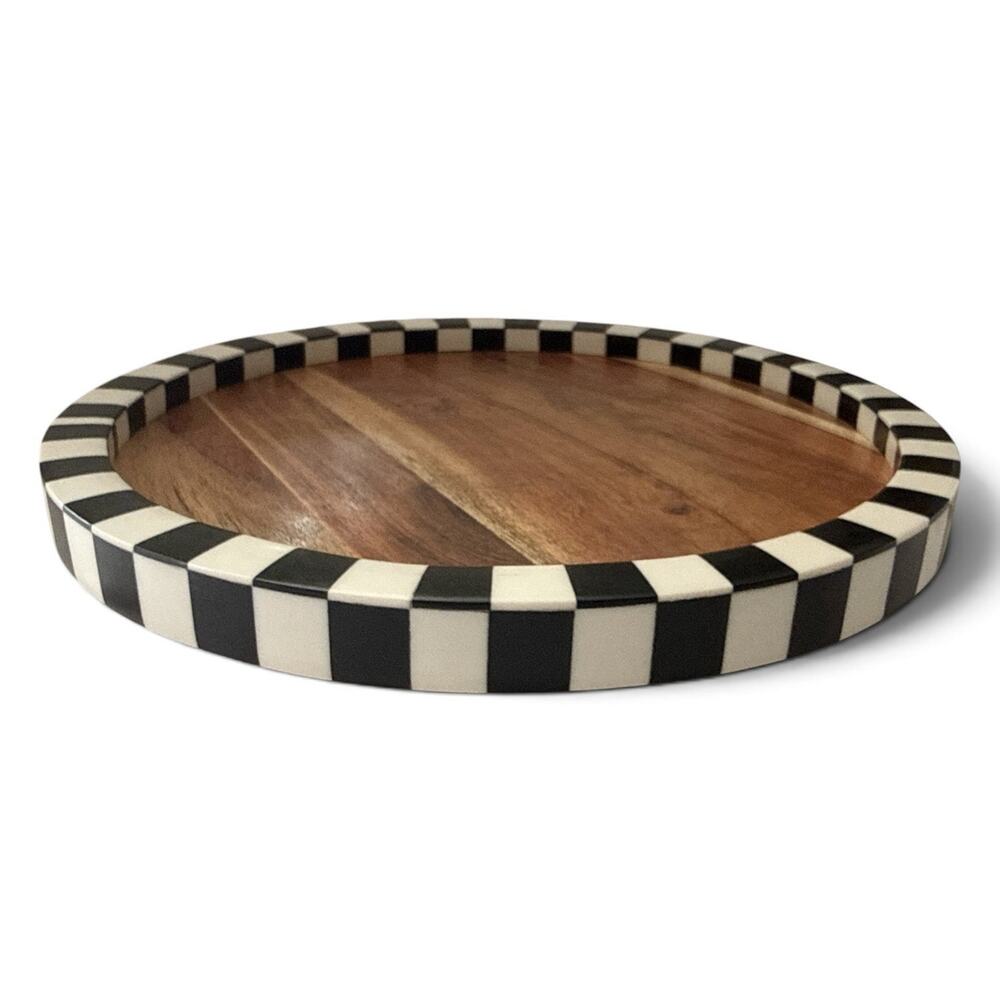 Lazy Sussan Courtly Checkered Black White Tile Wooden Tray 12” - Picture 3 of 11